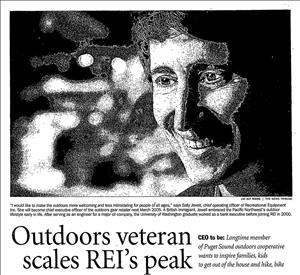 Newspaper clipping of smiling woman and text Outdoors veteran scales R.E.I.'s peak